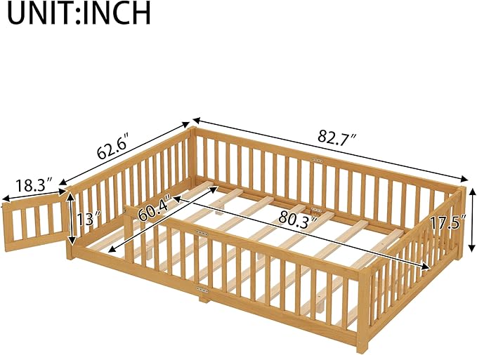 Bellemave Queen Floor Bed with Slats and Door, Queen Size Montessori Floor Bed with Fence and Door, Easy Assemble Montessori Beds Frame for Girls, Boys, Natural