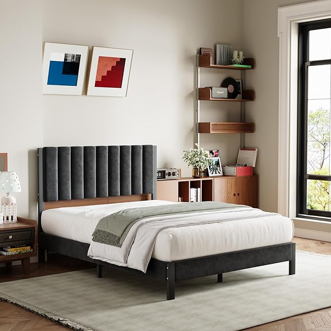 Avenco Queen Size Bed Frame with Velvet Upholstered Piano Keys Headboard, Metal Platform Bed Frame with Metal Slats for Bedroom Furniture, Black