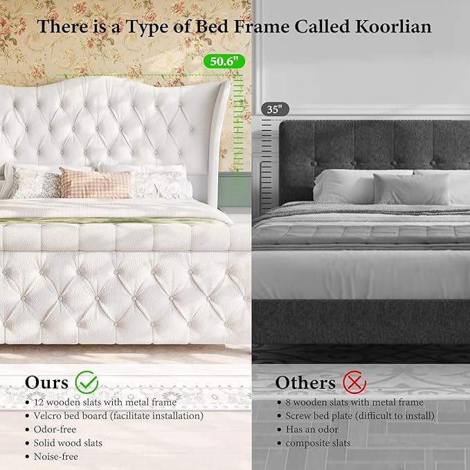 koorlian King Size Bed Frame,Chenille Upholstered Sleigh Bed with Scroll Wingback Headboard & Footboard,Luxury & Soft Button Tufted Modern Bed,Easy Assembly,No Box Spring Needed