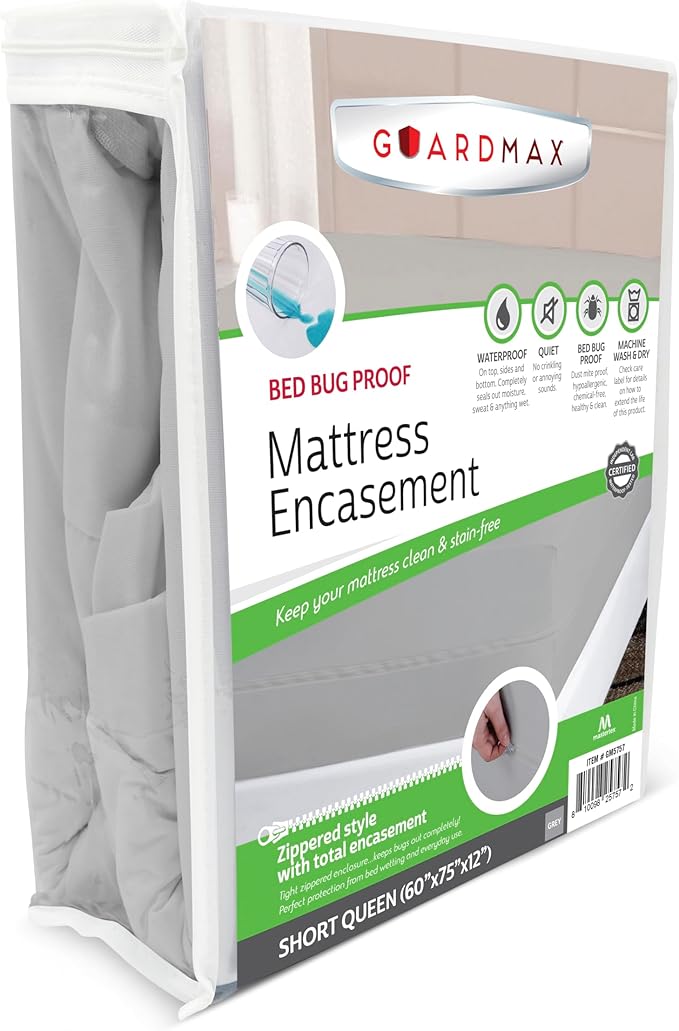 Guardmax Short Queen Mattress Encasement with Zipper, Waterproof, Bed Bug Proof, Dust Mite Proof Mattress Protector for Short Queen Bed up to 12" Deep, Zippered All Around Jersey Knitted Cover