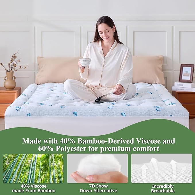 King Mattress Topper, Viscose Derived from Bamboo Thick Pillow Top Mattress Pad with Deep Pocket, Naturally Cooling for Hot Sleepers, Soft for Back Pain Relief, Blue