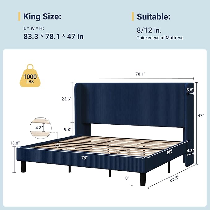 Allewie King Size Bed Frame with Upholstered Wingback Headboard, Vertical Channel Tufted Corduroy Velvet Platform Bed, Strong Wooden Slats Support, No Box Spring Needed, Easy Assembly, Dark Blue