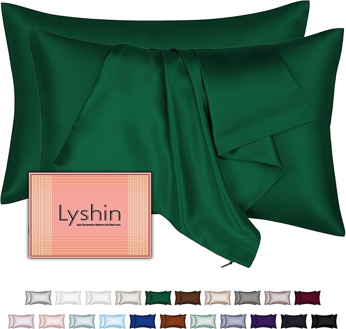 Silk Pillow Cases 2 Pack Standard Size with Hidden Zipper, Mulberry Silk Pillowcase for Hair and Skin, Smooth and Soft Breathable Cooling Silk Satin Pillowcase Set of 2, Gifts for Women，Olive Green