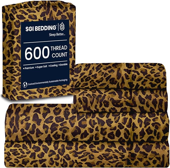 SGI bedding 100% Egyptian Cotton Sheets Full XL Size – 600 Thread Count Sheets Set, Soft, Cooling, 15" Deep Pocket, Luxury Hotel Bedding, Breathable, Durable - Leopard Print