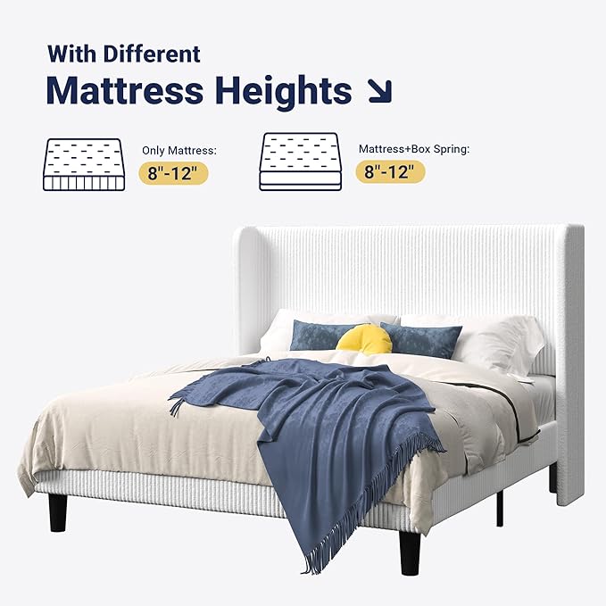 Allewie Queen Size Bed Frame with Upholstered Wingback Headboard, Vertical Channel Tufted Corduroy Velvet Platform Bed, Strong Wooden Slats Support, No Box Spring Needed, Easy Assembly, Sturdy, White