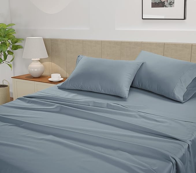 LANE LINEN 100% Cotton Sheets Full Size - Premium Sateen Weave for a Silky Finish - Hotel Collection Sheet Set - Snugly Fits Matresses Upto 15 '' Deep - Oeko TEX Certified Set - French Blue