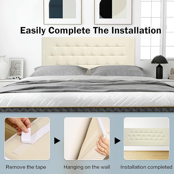 Upholstered Headboard Full Size, 54" x 21" Easy No-Tools Wall Mounted Bed Headboards, Modern Linen Button Diamond Tufted Design, Beige