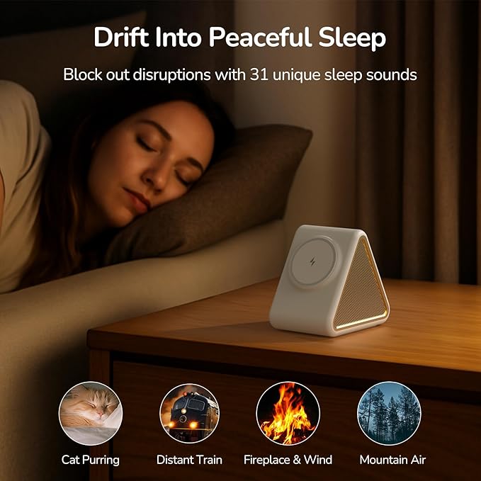 Housbay Sound Machine with Magnetic Wireless Charger for iPhone, 2-in-1 Design for Clutter-Free Nightstand, Dual-Speaker Stereo Sound for Sleeping - Cream