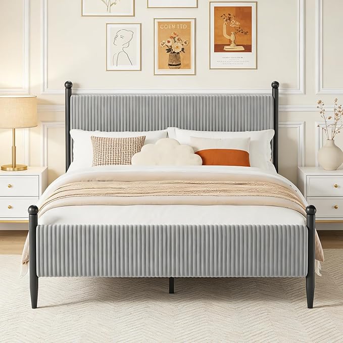 Garvee Full Size Upholstered Bed Frame - with Velvet Headboard, Soft Corduroy Fabric Platform with Wooden Slats Support & Heavy Duty Feet, No Box Spring Needed, Noise Free, Easy Assembly, Grey