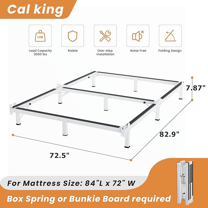 MAF Metal Bed Frame Cal King, 9-Legs Support Bed Base, 8 Inches California King Bed Frame for Box Spring and Mattress, Basics Bed Frame Headboard Attachable Tool-Free Easy Assembly, White
