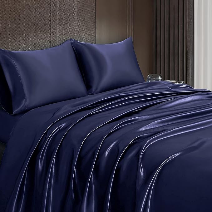 Homiest 3pcs Satin Sheets Set Luxury Silky Satin Bedding Set with Deep Pocket, 1 Fitted Sheet + 1 Flat Sheet + 1 Pillowcase (Twin Size, Navy Blue)