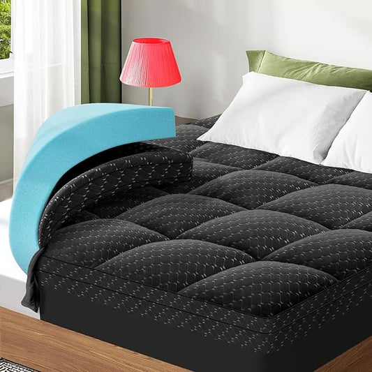 Dual Layer 3 Inch Memory Foam Mattress Topper California King Size, 2 Inch Gel Memory Foam Plus 1 Inch Cooling Pillow Top Mattress Pad Cover, with 8-21 Inch Deep Pocket, Black