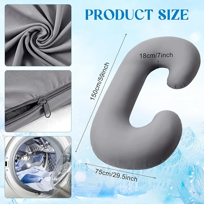 Hahafelt Cooling Pregnancy Pillow Cover (Only Pillowcase) 59 Inch Large C Shaped Full Body Pillowcase Maternity Stretchy Soft Breathable Cool Pillow Cover with Zipper for Side Sleeper (Dark Gray)