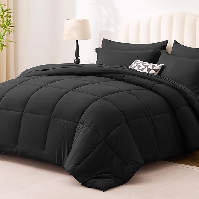 Love's cabin Queen Comforter Set Ash Black, 7 Pieces Queen Bed in a Bag, All Season Bedding Sets with 1 Comforter, 1 Flat Sheet, 1 Fitted Sheet, 2 Pillowcase and 2 Pillow Sham | Soft, Breathable, Lightweight, Comfortable