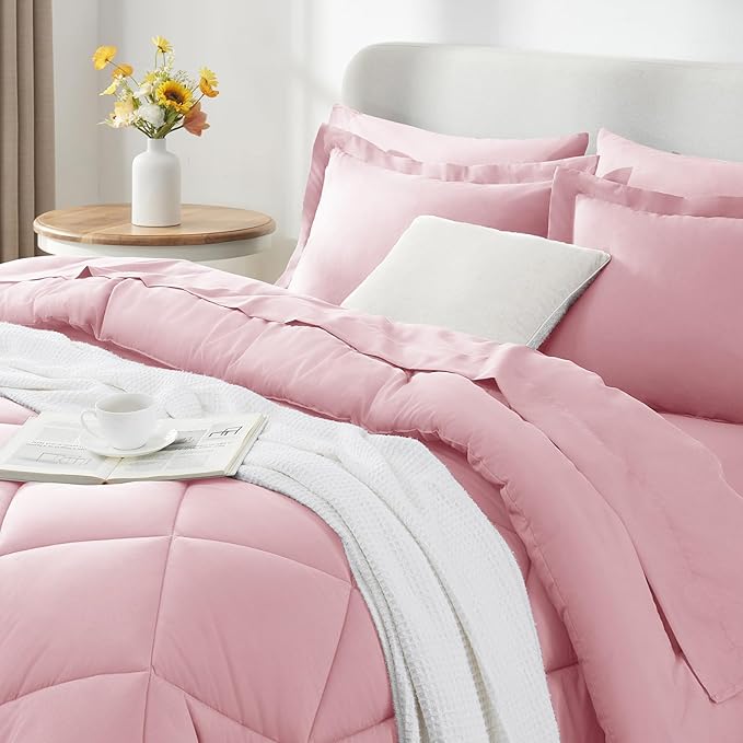 CozyLux Oversized King Comforter Set Pink, 7 Pieces Bed in a Bag Comforter Set with Sheets Luxury Bed Set for All Seasons, Bedding Set with Down Alternative Comforter, Sheets, Pillowcases & Shams