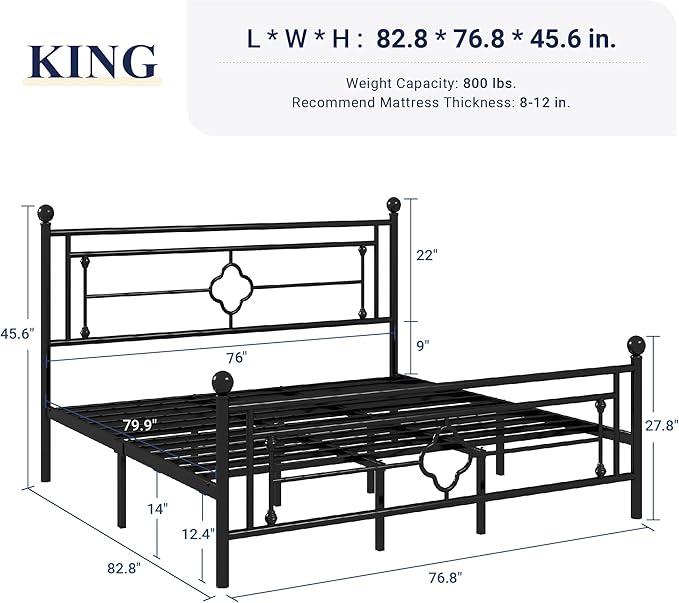 Allewie King Size Metal Platform Bed Frame with Victorian Vintage Headboard and Footboard/Mattress Foundation/Under Bed Storage/No Box Spring Needed/Noise-Free/Easy Assembly, Black