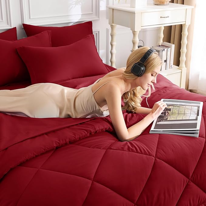 CozyLux Queen Comforter Set Dark Red - Bed in a Bag Queen Size 7 Pieces, Luxury Soft Bed Set for All Seasons, Bedding Set with Down Alternative Comforter, Sheets, Pillowcases & Shams