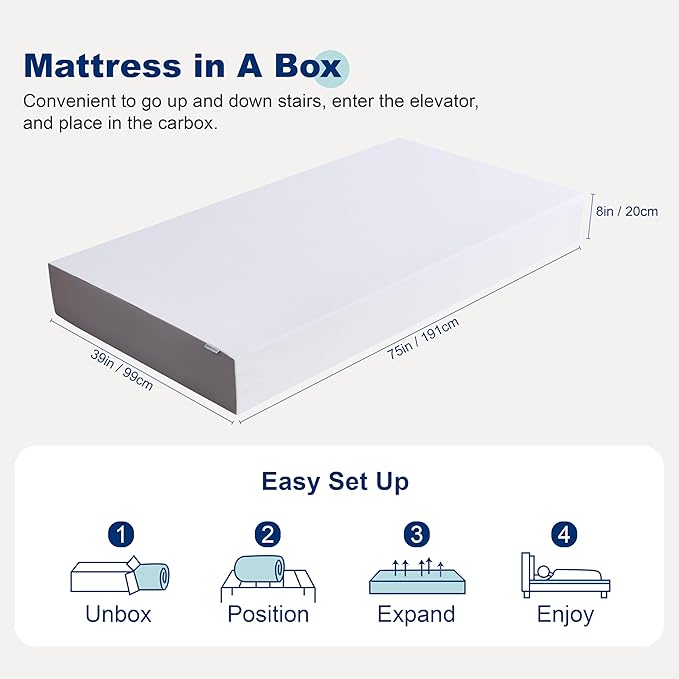 Amazon Basics Medium Firm Memory Foam Mattress, Breathable, 8 Inch, Twin, White/Grey