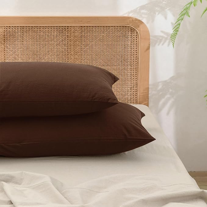 BESTOUCH 100% Washed Cotton Pillowcase for Hair and Skin Linen Feel Soft Comfortable Breathable 2 Set Pillow Case with Envelope Closure Solid Cocoa Brown King 20x36 Inches