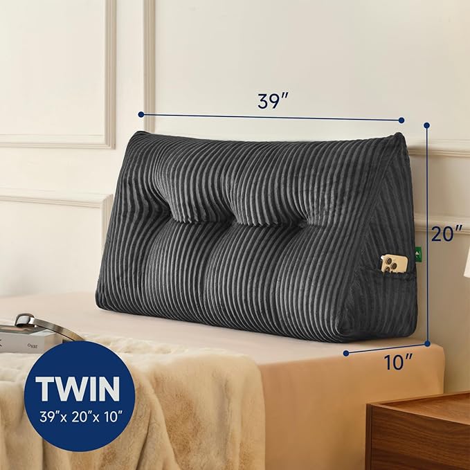Z-hom Large Headboard Pillow Twin, NO ROLL Pillow, Wedge Pillow Headboard for Sitting Up in Bed, Backrest Support Triangular Cushion for Reading, Gap Pillow w/Removable Washable Cover,Grey