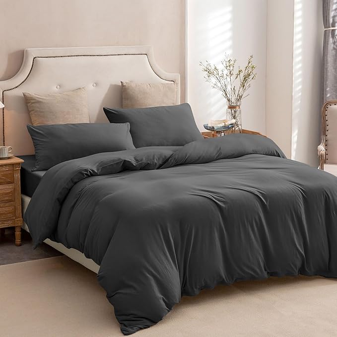 PURE ERA Jersey Knit Duvet Cover Set 100% T-Shirt Cotton Super Soft Comfy 3pc Bedding Set with Zipper Closure (Solid Deep Grey, King, 104'' x 90'')