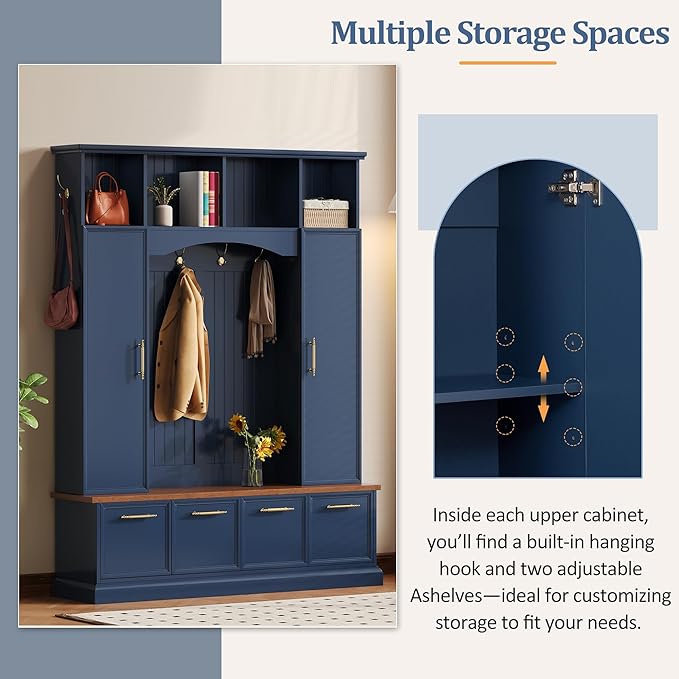 Merax 59" Farmhouse Hall Tree with Golden Hooks & Walnut Bench, Entryway Organizer with Adjustable Shelves, Shoe Storage, Anti-Tip for Mudroom, Living Room, Blue