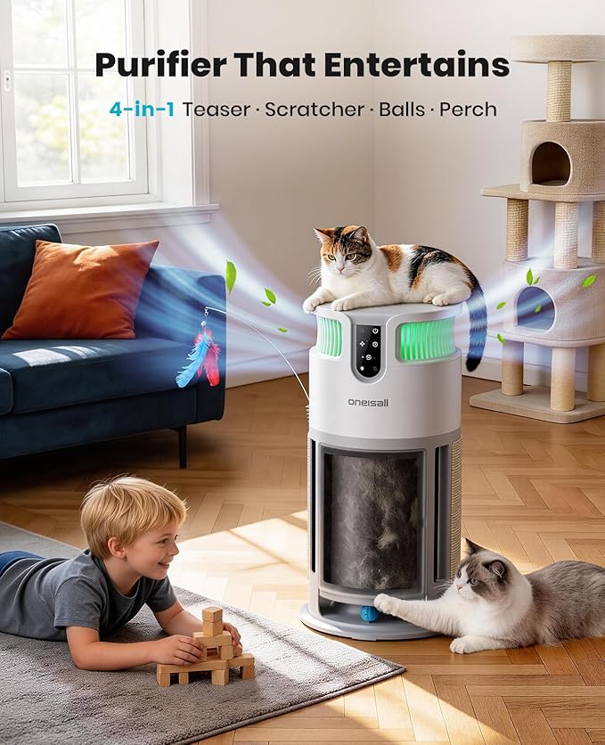 oneisall Pet Air Purifier for Home: Large Room 3000 Ft², H13 HEPA Washable Filter, 360° Airflow Visible Air Cleaner for Pet Hair, Odor Allergies Smoke Dust, PM2.5 Monitor,Auto Mode,Cat Toys,PP04