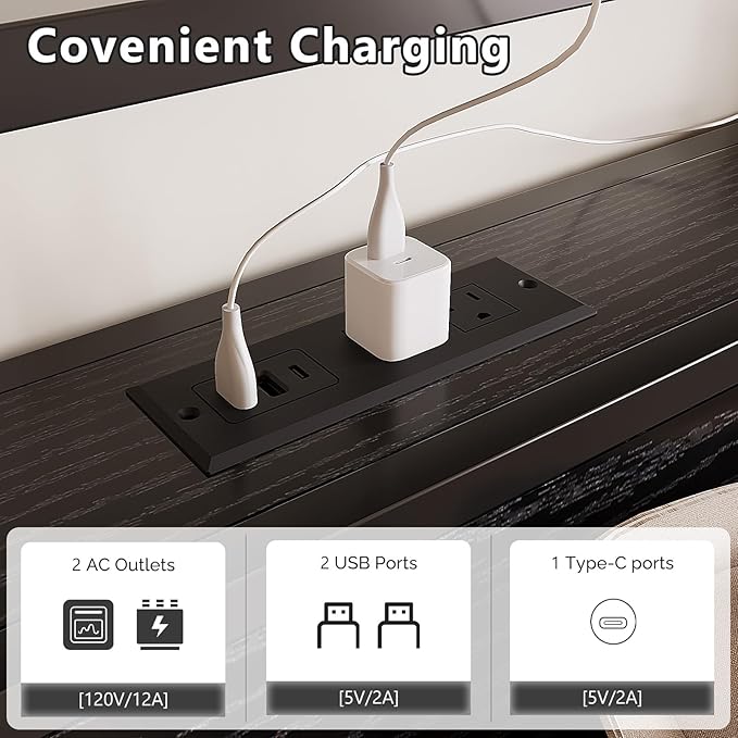 VINGLI Full Bed Frame with 4 Storage Drawers and Adjustable Headboard Shelf, Metal Double Platform Captain Bed with Charging Station and RGB LED Lights, No Box Spring Needed, Noise Free, Black