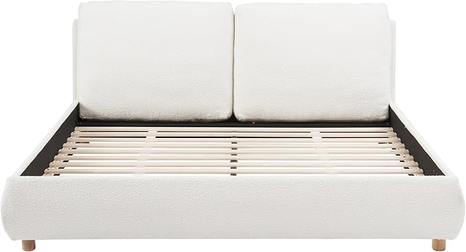 Christopher Knight Home Hazel Queen Size Bed Frame, Upholstered Platform Bed, Soft Boucle Queen Headboard, Removable Pillows Headboard, Wood Slats Support, No Box Spring Needed, Easy Assembly, White