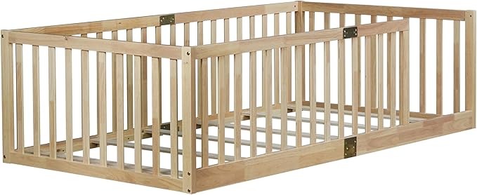 Bellemave Twin Size Montessori Floor Bed with 21.5" High Rails, Rubber Wood Twin Floor Bed with Slats, Natural