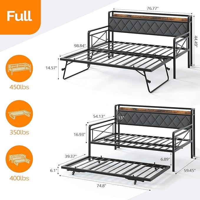 VINGLI Full Daybed with Trundle Bed, Upholstered Day Bed with LED Light & Charing Station, Sofa Bed Frame with Storage Headboard and Heavy Duty Metal Slats, for Living Room, Bedroom, Guest Room, Gray