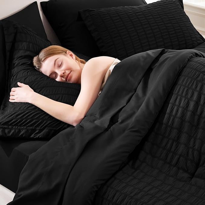 CozyLux Oversized King Comforter Set Black Seersucker 7 Pieces 120x98 Bed in a Bag Comforter Set with Sheets, Luxury Soft Bedding Sets with Down Alternative Comforter, Sheets, Pillowcases & Shams