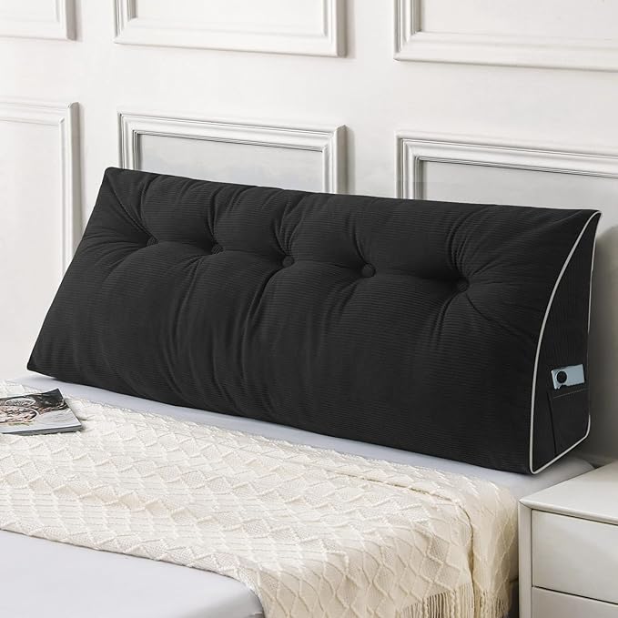 Sasttie Headboard Pillow Queen, Wedge Pillow Headboard for Sitting Up in Bed, Back-Rest Support Triangular Cushion for Reading - Features Removable Washable Cover, Black