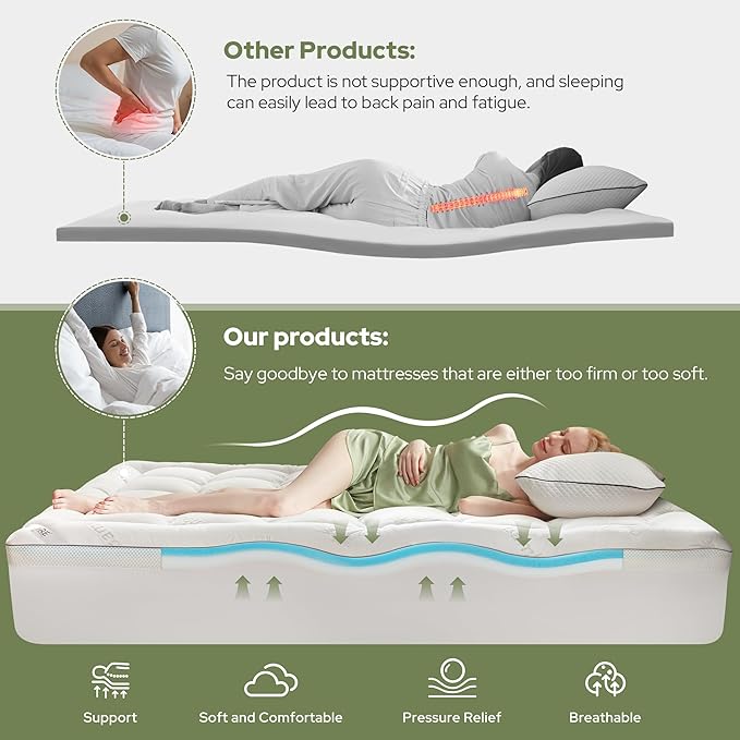 BEDLORE California King Memory Foam Mattress Topper 4 Inch,2-in-1 Dual Layer Design (2"Gel Memory Foam + 2"Plush Pillow Top Cover) Mattress Topper Medium-Firm,Pressure Relief &Back Pain Support(White)