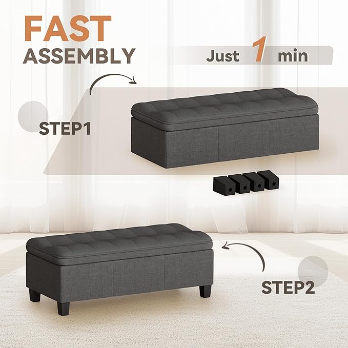 YESHOMY 47 Inches Ottoman with Storage, Storage Bench with Legs, Ottomans for Living Room, Entryway, Adjustable & Movable, Easy Assembly, Deep Grey Linen