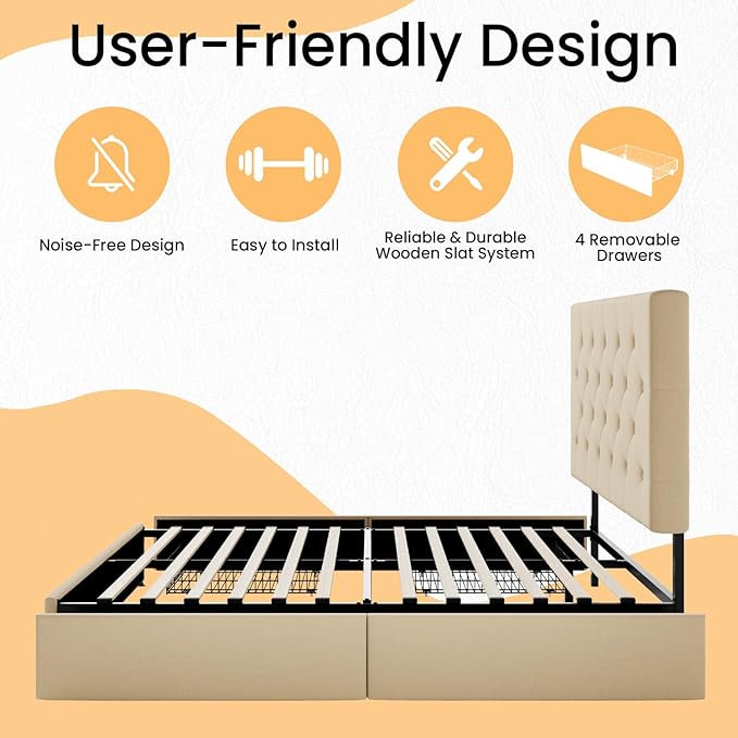 SHA CERLIN Upholstered Queen Size Platform Bed Frame with 4 Storage Drawers, Adjustable Headboard with Diamond Stitched Button Tufted Design, Wooden Slat Support, No Box Spring Needed, Beige