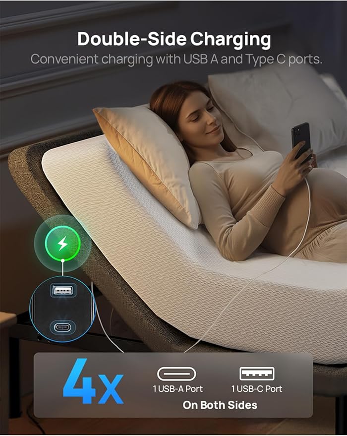 Glendan Queen Adjustable Bed Frame: Back & Foot Incline Electric Bed Base, Remote Control with Storage Basket, USB-A & USB-C Both Sides Charging, Zero Gravity Anti-Snore, 3 Heights, Easy Assembly
