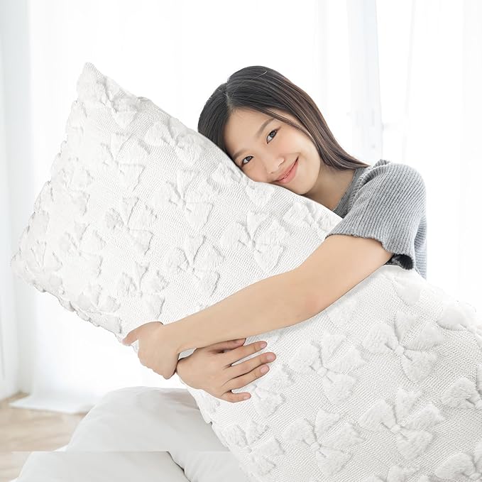 SmoothNovelty Cream White Bow Body Pillow Cover 20 x 54 Inches Coquette Long Body Pillowcase with Zipper Closure Coquette Room Decor Cute Faux Fur Soft Aesthetic Pillow Covers for Bed Sofa Couch