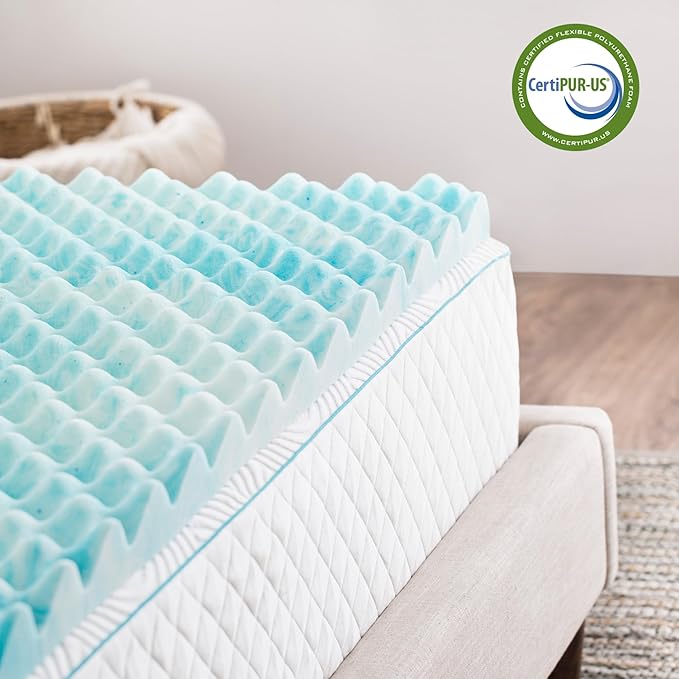 Linenspa 3 Inch Gel Memory Foam Mattress Topper – Egg Crate Style, Reversible for two feels – Promotes Airflow & Relieves Pressure Points – Queen