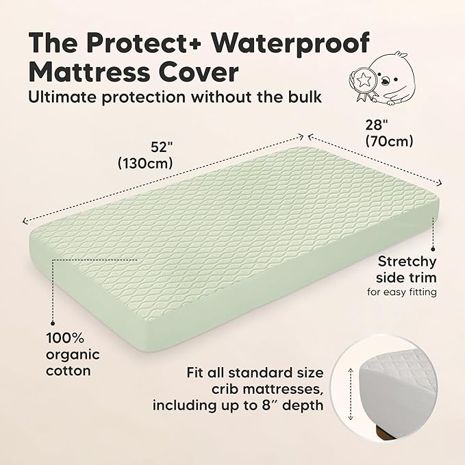 2-Pack Waterproof Crib Mattress Protector Cover Fitted - Quiet Baby Crib Mattress Pad Sheets, 52" x 28" Soft Quilted Cotton Baby Sheet, Machine Washable, Easy Fit, Durable (Sage/Mavy)