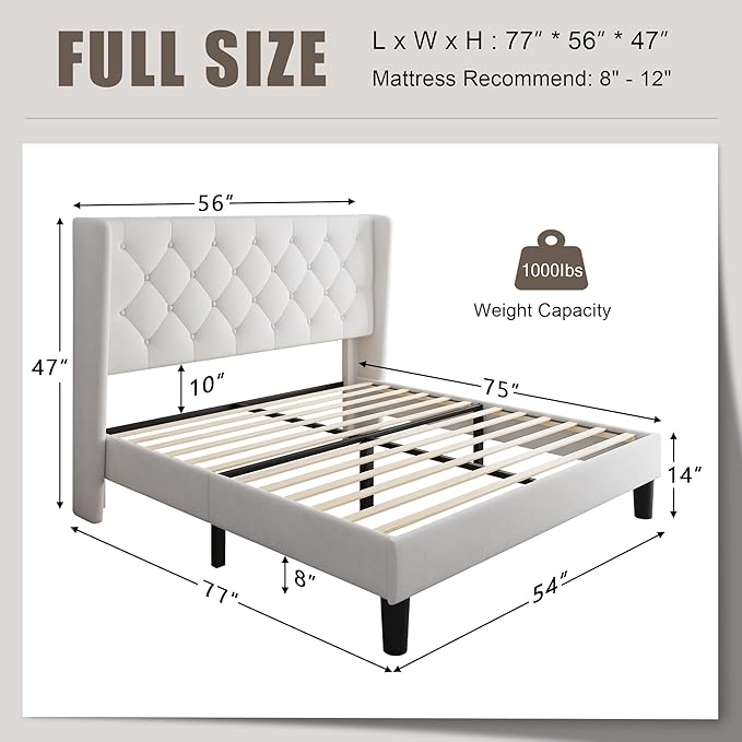 Einhomn Full Size Platform Bed Frame with Velvet Upholstered Wingback Headboard, 11" Under Bed Space, Wooden & Metal Slats Support, No Box Spring Needed, White