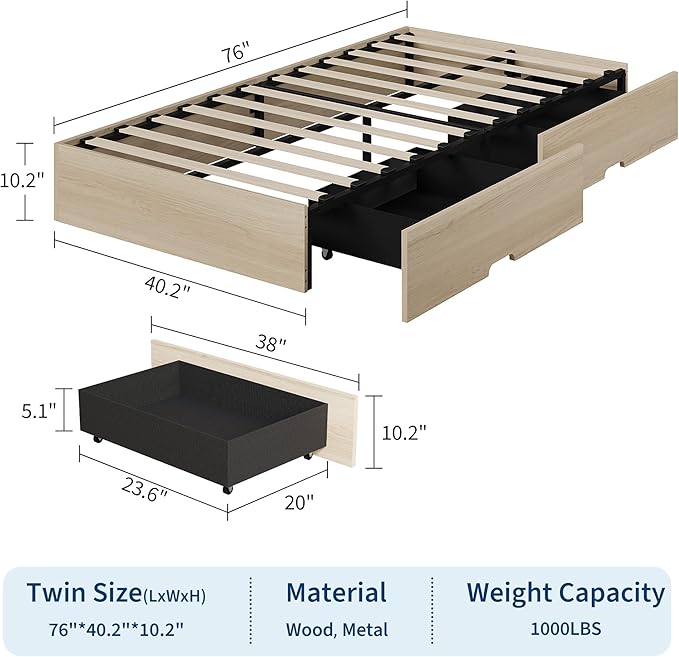 GarveeHome Twin Size Wood Platform Bed Frame with 2 Storage Drawers, Wooden Bed Frame Without Headboard, Wood Slat Support, No Box Spring Needed, Easy Assembly