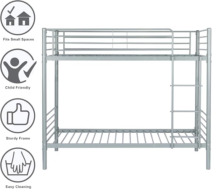 Bonnlo Metal Bunk Bed Twin Over Twin Bed Frames for Kids Bunk Beds with Flat Ladder Rungs, Heavy Duty Bunk Beds for Kids/Teens/Adults, Double Twin Bed with Metal Slats and Heighten Guardrails, Gray