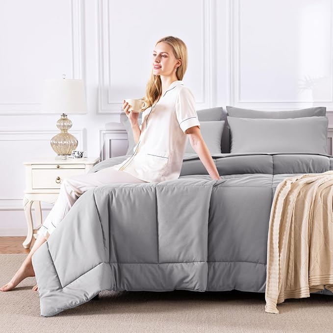 CozyLux Queen Comforter Set Grey, 7 Pieces Bed in a Bag, Gray Comforters Queen Size, All Season Bedding Sets with Stitch Quilted Comforter, Flat Sheet, Fitted Sheet, Pillowcases