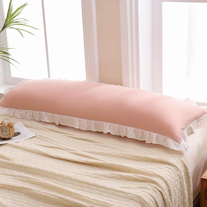 Merryword Pink Body Pillow Cover 20x54inches Reversible Long Pillowcase Ruffled Body Pillowcases Cute Pillowcase Pillow Sham (1 Body, Pink White)