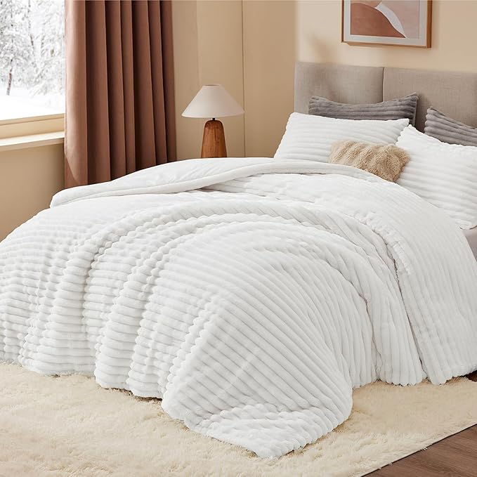 BEDELITE Fleece California King Comforter Set -Super Soft & Warm Fluffy Bright White Bedding, Luxury Fuzzy Heavy Bed Set for Winter with 2 Pillow Cases