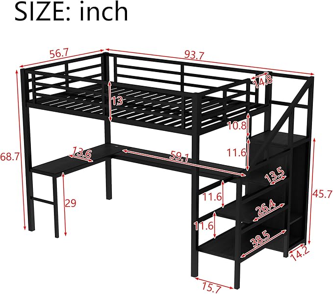 Full Size Loft Bed with L-Shaped Desk and USB, Metal Bed Frame with Wardrobe and Adjustable Shelf, High Loft Bed with LED and Guardrail for Teens Adults Bedroom, No Box Spring Needed, Black