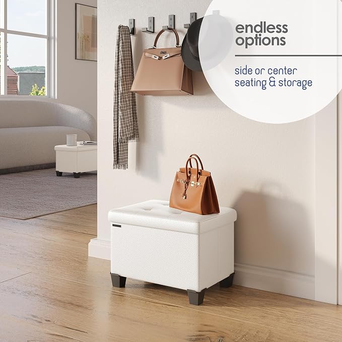 Storage Ottoman Cube with Small Bin, 16-in Square Ottoman with Storage for Living Room and Bedroom, Small Ottomans Foot Rest, Leather Foot Stools Ottomans Max 330lbs, Cream