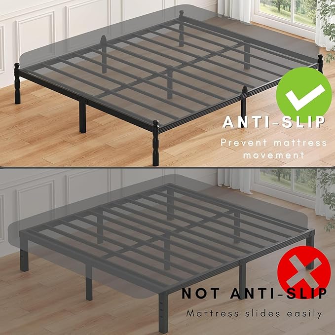 ZIYOO 18 inch Full Bed Frames with Mattress Slide Stopper, Vintage Style, 1500LBS Heavy Duty Steel Slats, Prevent Mattress from Sliding, No Box Spring Needed, Platform Noise-Free