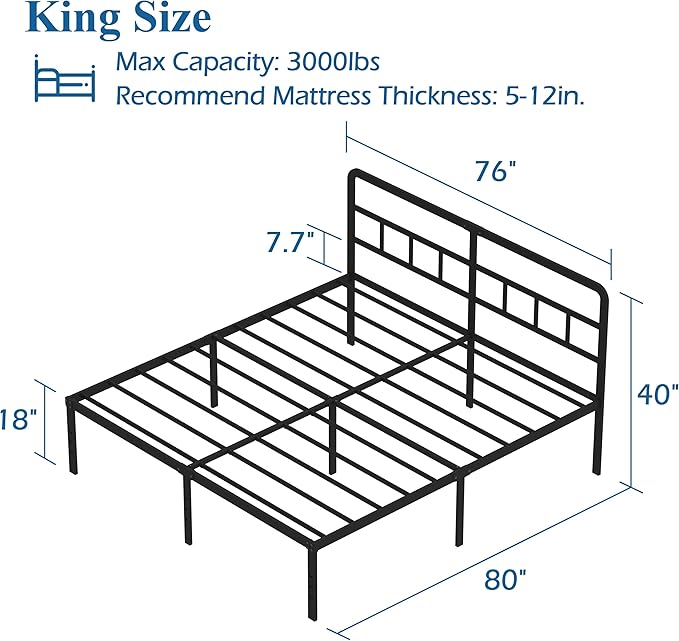 DiaOutro King Size Bed Frame with Headboard, 18 Inch Metal Platform No Box Spring Needed Heavy Duty Steel Slat Mattress Foundation/Easy Assembly/Noise Free/Black